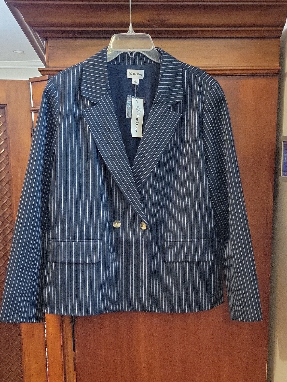 The Drop | Liza Relaxed Fit Double Breasted Navy Blue Pinstripe Blazer - Size L